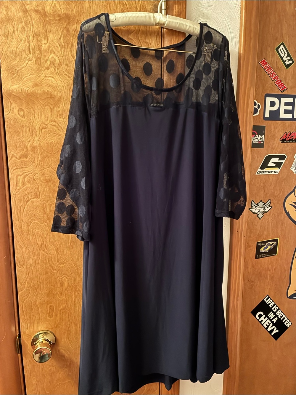 Nina Leonard Navy Blue Dress with Polkadot Mesh Sleeves Size 2X